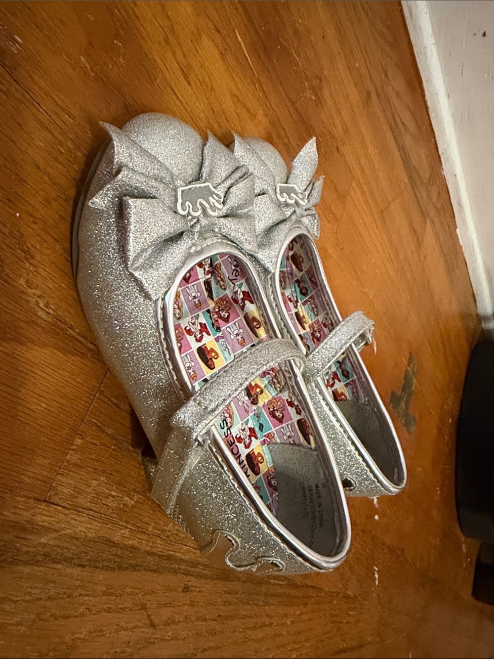 Disney Girls Silver Glitter Heels with Bow Accent
